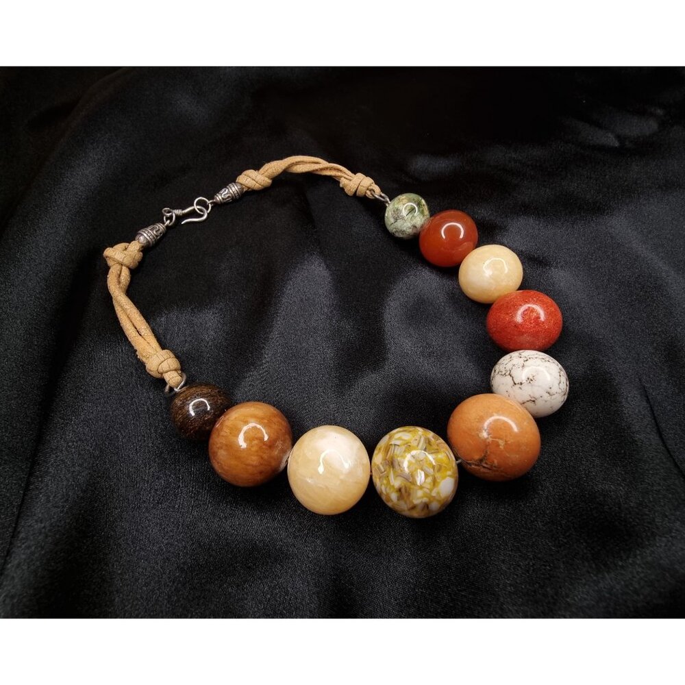 Vintage Large Stone Beaded Necklace With Sterling Silver Clasp & Tan Cord